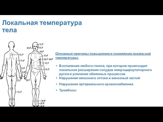 Локальная температура тела Основные причины повышения и понижения локальной температуры: Воспаление любого