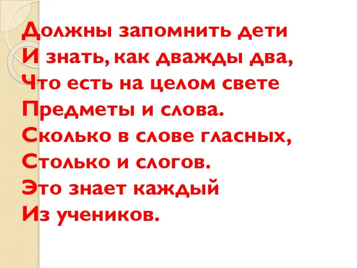 Должны запомнить дети И знать, как дважды два, Что есть на целом