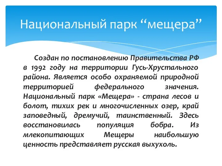 Создан по постановлению Правительства РФ в 1992 году на территории Гусь-Хрустального района.