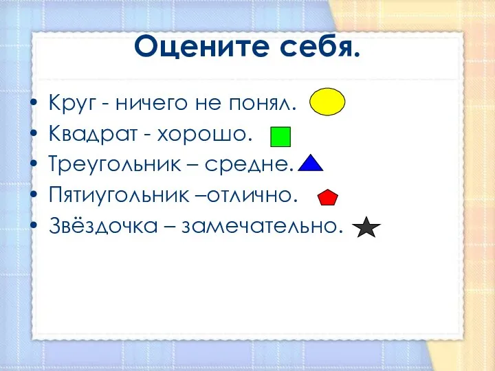 Оцените себя. Круг - ничего не понял. Квадрат - хорошо. Треугольник –