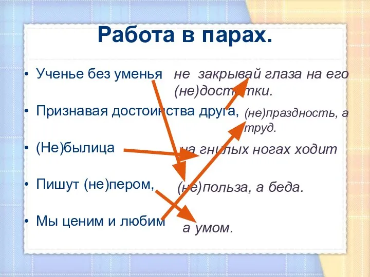 Работа в парах. Ученье без уменья Признавая достоинства друга, (Не)былица Пишут (не)пером,