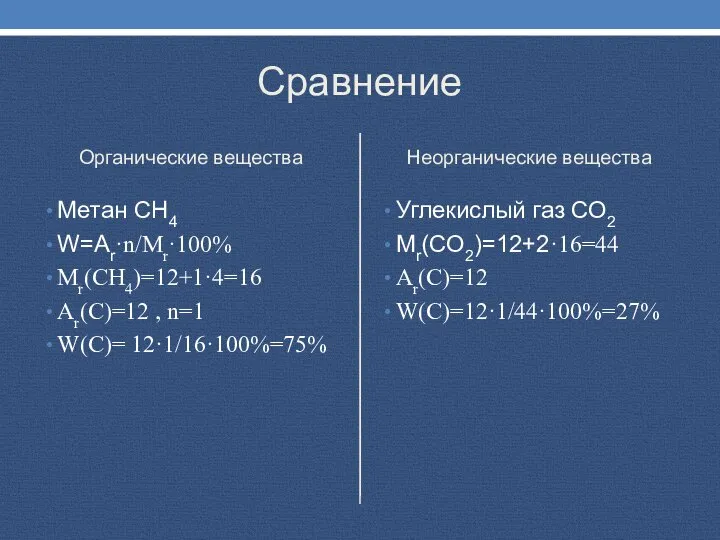 Сравнение Органические вещества Метан СН4 W=Ar·n/Mr·100% Mr(CH4)=12+1·4=16 Ar(C)=12 , n=1 W(C)= 12·1/16·100%=75%