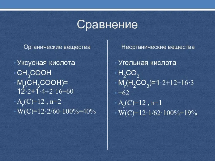 Сравнение Органические вещества Уксусная кислота CH3COOH Mr(CH3COOH)= 12·2+1·4+2·16=60 Ar(C)=12 , n=2 W(C)=12·2/60·100%=40%