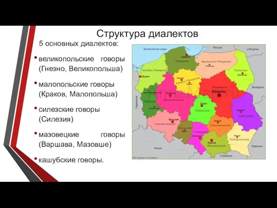 Структура диалектов 5 основных диалектов: великопольские говоры (Гнезно, Великопольша) малопольские говоры (Краков,