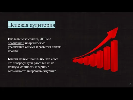 Целевая аудитория Владельцы компаний, ЛПРы с осознанной потребностью увеличения объема и развития