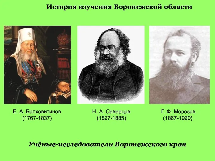 История изучения Воронежской области Учёные-исследователи Воронежского края Е. А. Болховитинов (1767-1837) Н.