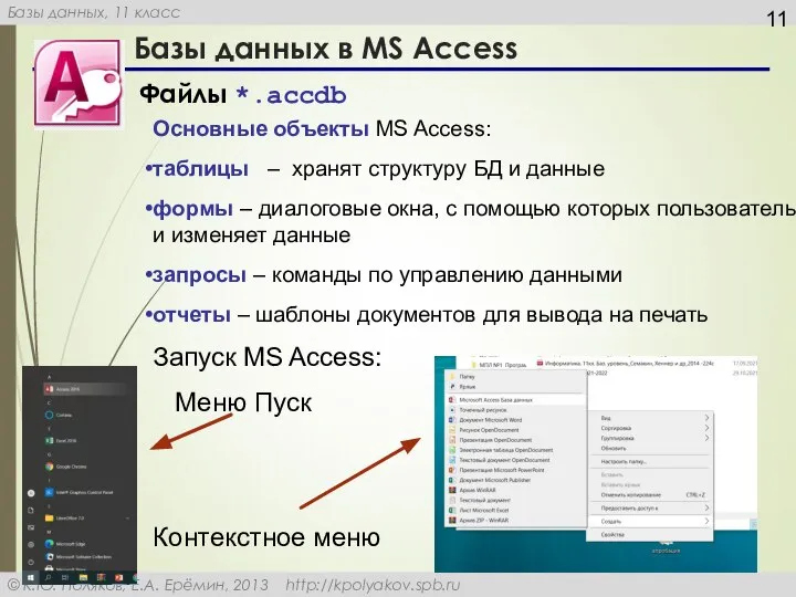 Базы данных в MS Aсcess Файлы *.ассdb Основные объекты MS Access: таблицы