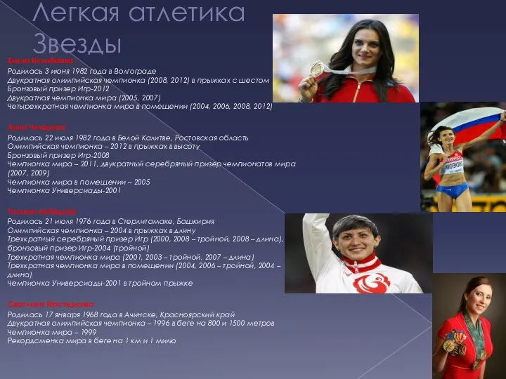 Легкая атлетика Звезды Елена Исинбаева Родилась 3 июня 1982 года в Волгограде