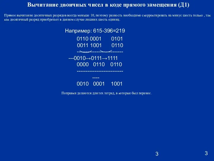 Вычитание двоичных чисел в коде прямого замещения (Д1) 0110 0001 0101 0011