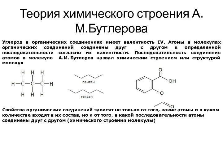 Теория химического строения А.М.Бутлерова Углерод в органических соединениях имеет валентность IV. Атомы
