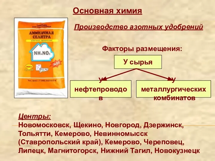 Основная химия Производство азотных удобрений Факторы размещения: У сырья У нефтепроводов У