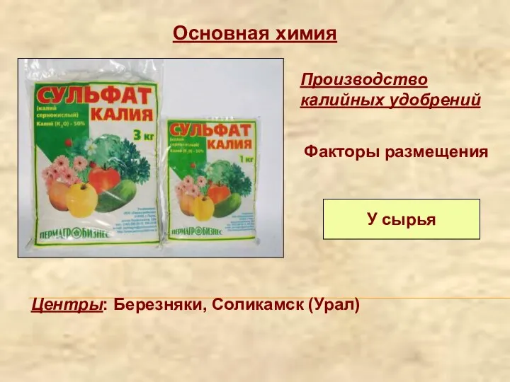 Основная химия Производство калийных удобрений Факторы размещения У сырья Центры: Березняки, Соликамск (Урал)