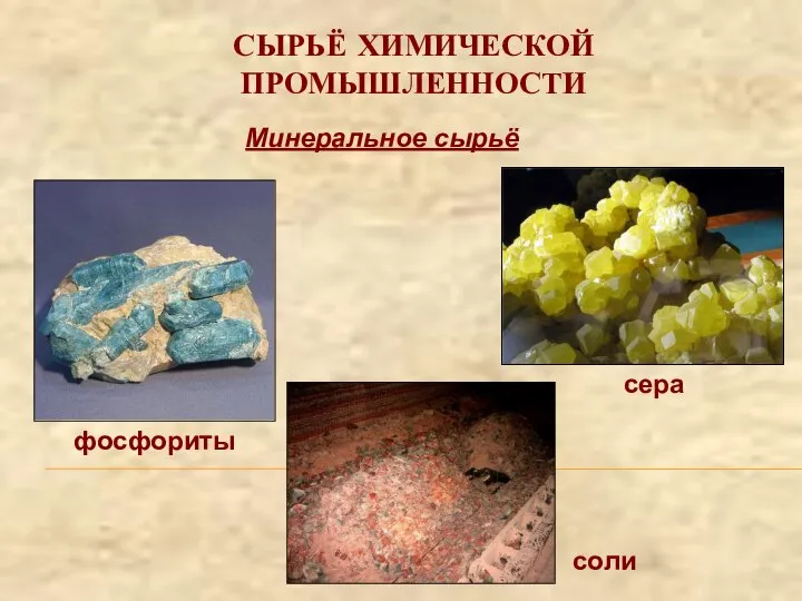 СЫРЬЁ ХИМИЧЕСКОЙ ПРОМЫШЛЕННОСТИ Минеральное сырьё фосфориты сера соли