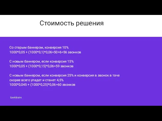 Стоимость решения Со старым баннером, конверсия 10% 1000*0,05 + (1000*0,1)*0,06=50+6=56 звонков С