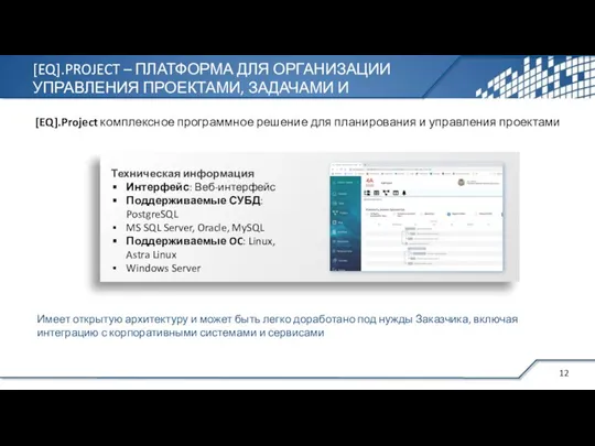 [EQ].Project комплексное программное решение для планирования и управления проектами Техническая информация Интерфейс: