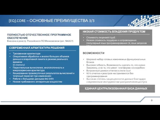 [EQ].CORE – ОСНОВНЫЕ ПРЕИМУЩЕСТВА 3/3 НИЗКАЯ СТОИМОСТЬ ВЛАДЕНИЯ ПРОДУКТОМ Стоимость лицензий 0