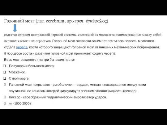 Головно́й мозг (лат. cerebrum, др.-греч. ἐγκέφαλος) является органом центральной нервной системы, состоящей