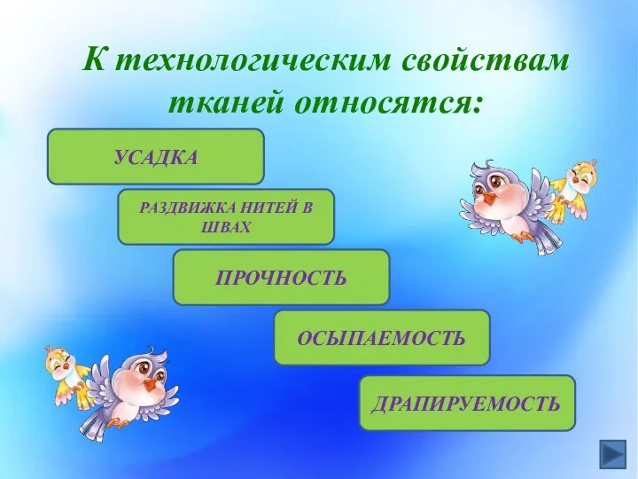 К технологическим свойствам тканей относятся: ПРОЧНОСТЬ ОСЫПАЕМОСТЬ ДРАПИРУЕМОСТЬ УСАДКА РАЗДВИЖКА НИТЕЙ В ШВАХ