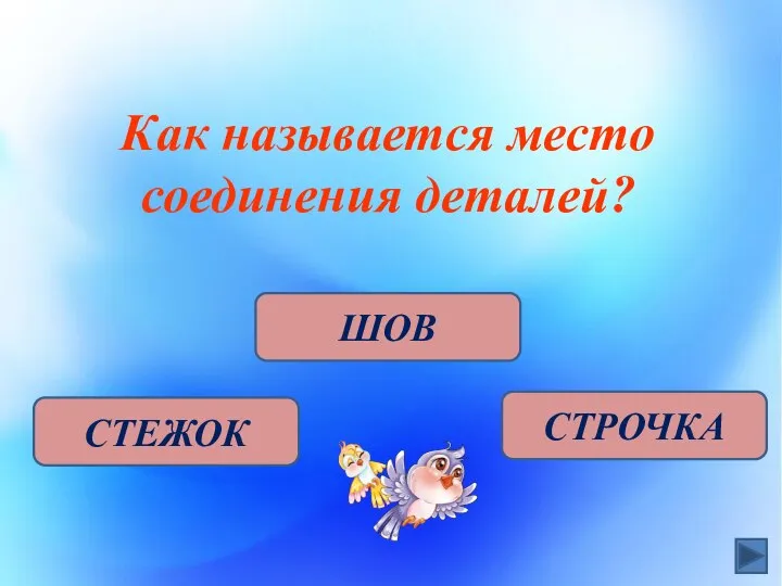 Как называется место соединения деталей? СТЕЖОК ШОВ СТРОЧКА