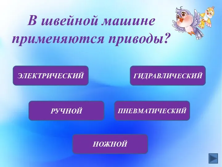 В швейной машине применяются приводы? ЭЛЕКТРИЧЕСКИЙ РУЧНОЙ ПНЕВМАТИЧЕСКИЙ ГИДРАВЛИЧЕСКИЙ НОЖНОЙ