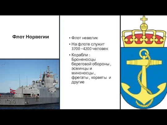 Флот Норвегии Флот невелик На флоте служит 3700 –4200 человек Корабли :