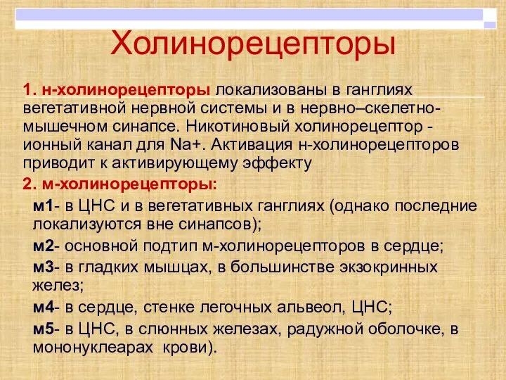 Холинорецепторы 1. н-холинорецепторы локализованы в ганглиях вегетативной нервной системы и в нервно–скелетно-мышечном