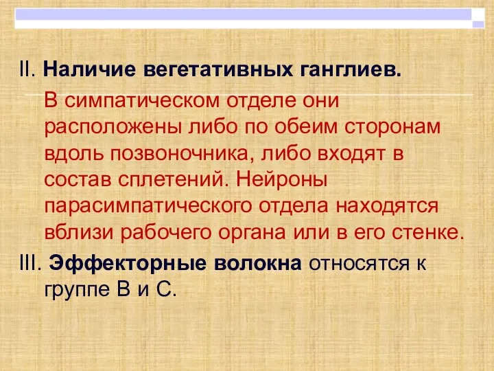 II. Наличие вегетативных ганглиев. В симпатическом отделе они расположены либо по обеим