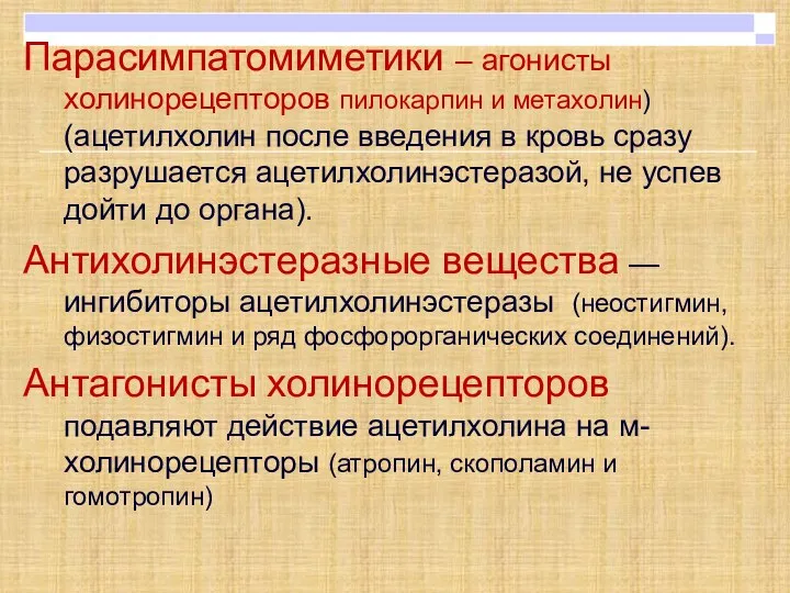 Парасимпатомиметики – агонисты холинорецепторов пилокарпин и метахолин) (ацетилхолин после введения в кровь