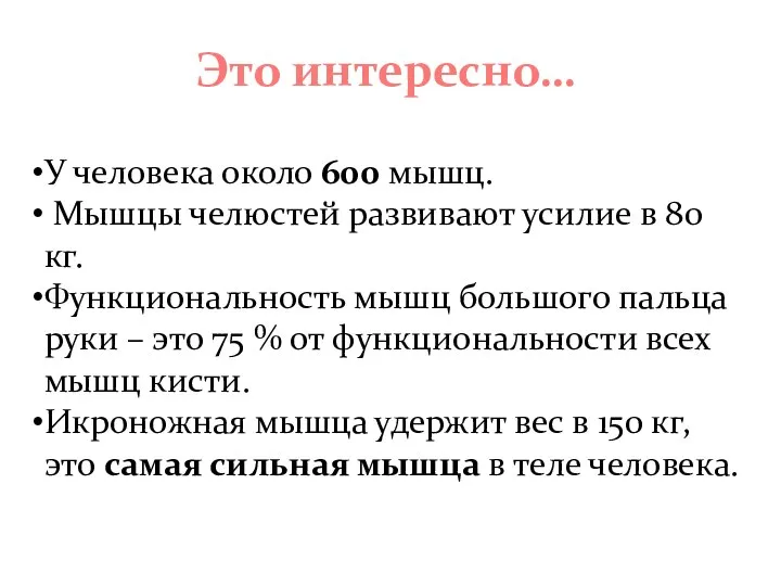 Это интересно… У человека около 600 мышц. Мышцы челюстей развивают усилие в