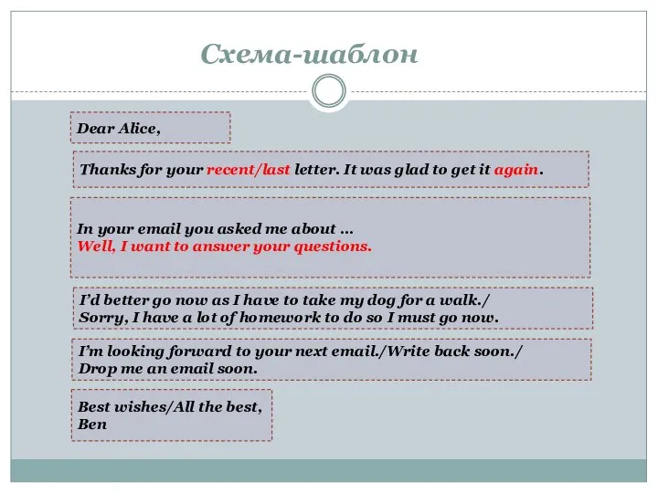 Схема-шаблон Dear Alice, Thanks for your recent/last letter. It was glad to