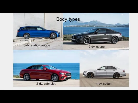 Body types 4-dv. sedan 5-dv. station wagon 2-dv. coupe 2-dv. cabriolet