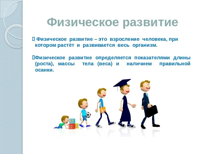 Физическое развитие Физическое развитие – это взросление человека, при котором растёт и