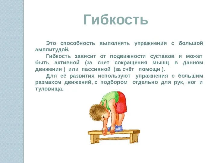 Гибкость Это способность выполнять упражнения с большой амплитудой. Гибкость зависит от подвижности