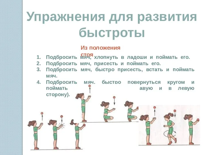 Упражнения для развития быстроты Из положения стоя Подбросить мяч, хлопнуть в ладоши