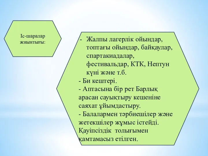 Жалпы лагерлік ойындар, топтағы ойындар, байқаулар, спартакиадалар, фестивальдар, КТК, Нептун күні және