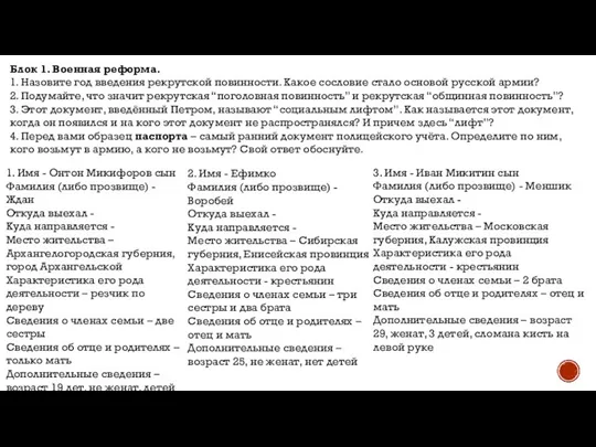 Блок 1. Военная реформа. 1. Назовите год введения рекрутской повинности. Какое сословие