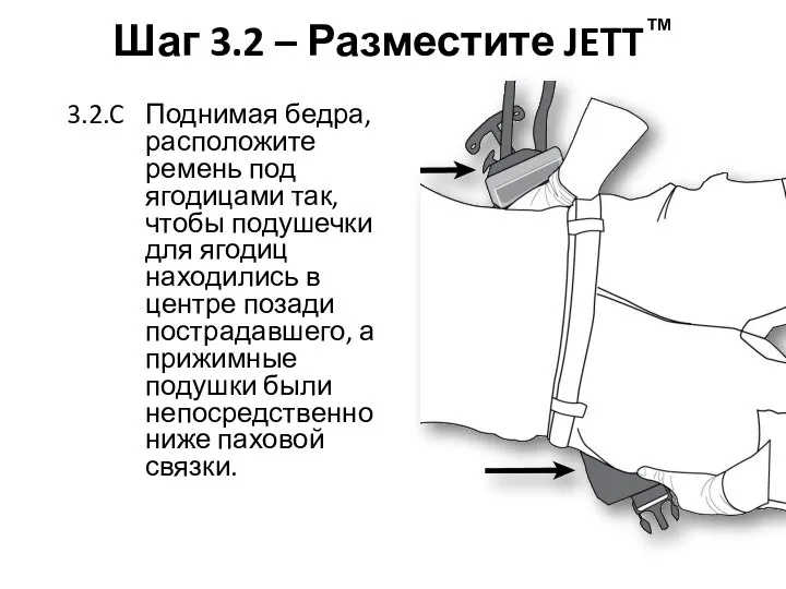 Шаг 3.2 – Разместите JETT™ 3.2.C Поднимая бедра, расположите ремень под ягодицами