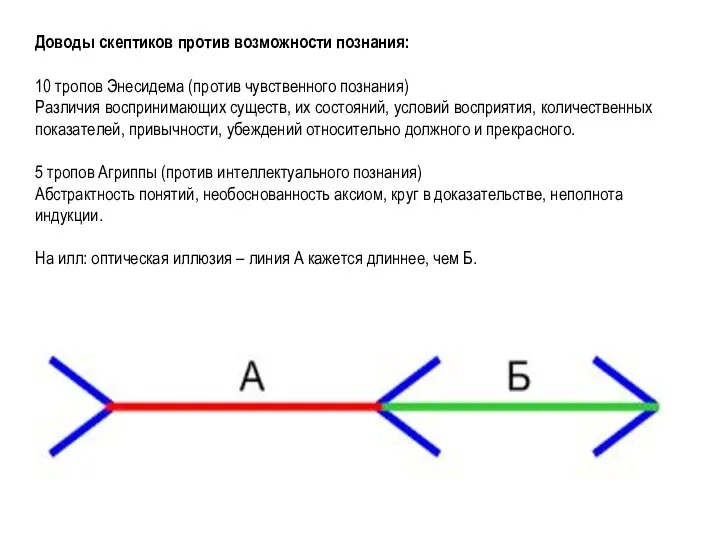 Доводы скептиков против возможности познания: 10 тропов Энесидема (против чувственного познания) Различия