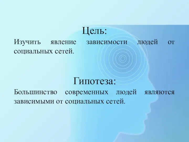 Цель: Изучить явление зависимости людей от социальных сетей. Гипотеза: Большинство современных людей