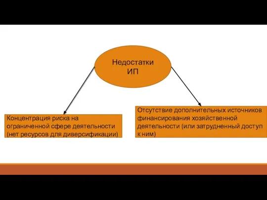 Недостатки ИП Отсутствие дополнительных источников финансирования хозяйствен­ной деятельности (или затрудненный доступ к