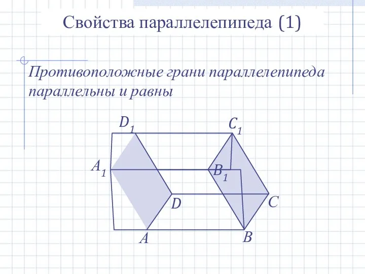 А В С А1 D D1 B1 C1 Свойства параллелепипеда (1) Противоположные