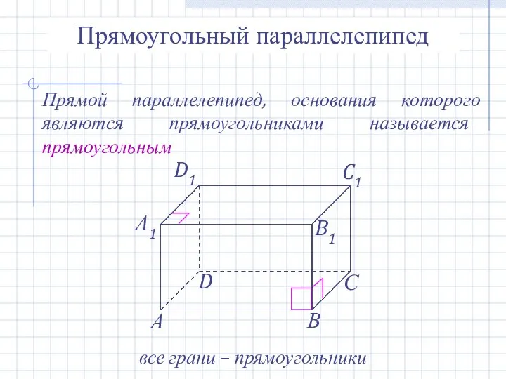 Прямоугольный параллелепипед Прямой параллелепипед, основания которого являются прямоугольниками называется прямоугольным все грани – прямоугольники