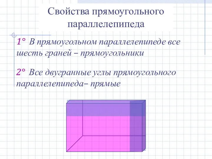 Свойства прямоугольного параллелепипеда 1° В прямоугольном параллелепипеде все шесть граней – прямоугольники