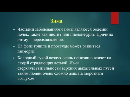 Зима. Частыми заболеваниями зимы являются болезни почек, такие как цистит или пиелонефрит.