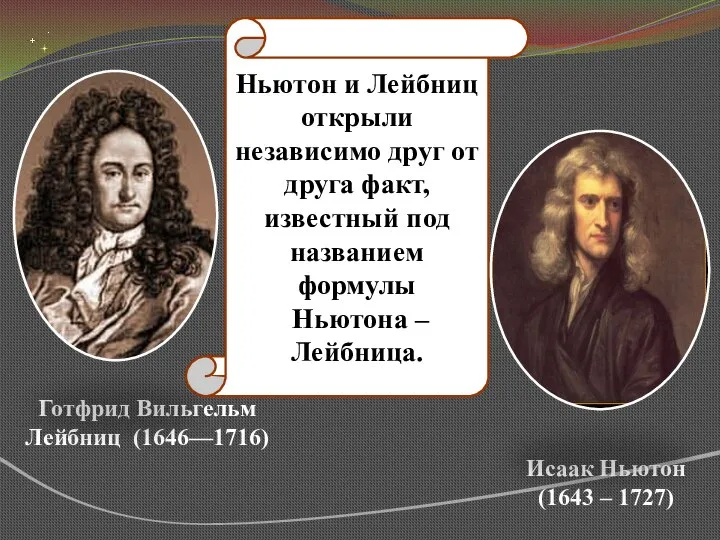 Готфрид Вильгельм Лейбниц (1646—1716) Исаак Ньютон (1643 – 1727) Ньютон и Лейбниц