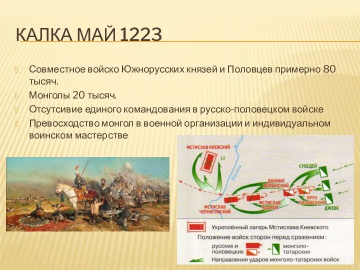 КАЛКА МАЙ 1223 Совместное войско Южнорусских князей и Половцев примерно 80 тысяч.