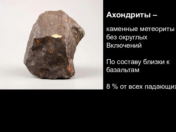 Ахондриты – каменные метеориты без округлых Включений По составу близки к базальтам