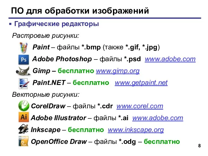 ПО для обработки изображений Графические редакторы Растровые рисунки: Paint – файлы *.bmp