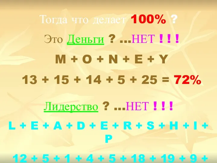 Тогда что делает 100% ? Это Деньги ? ...НЕТ ! ! !