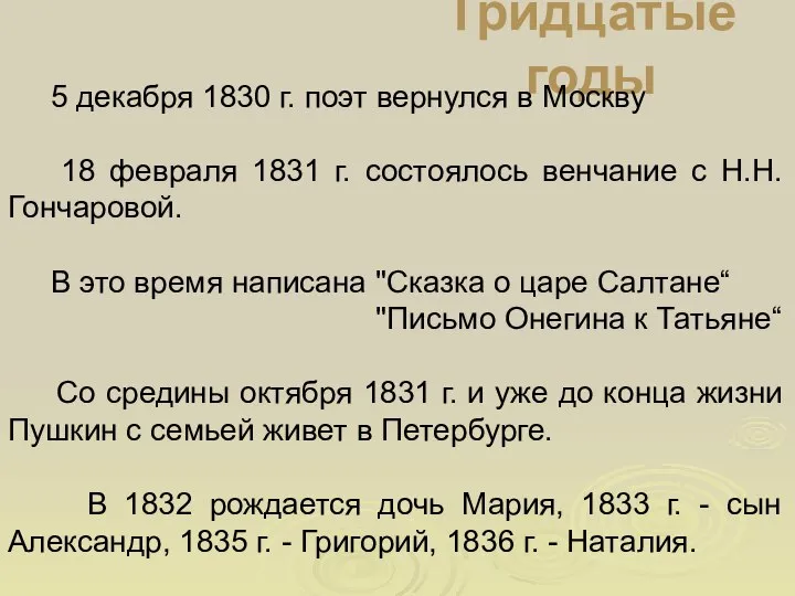 Тридцатые годы 5 декабря 1830 г. поэт вернулся в Москву 18 февраля